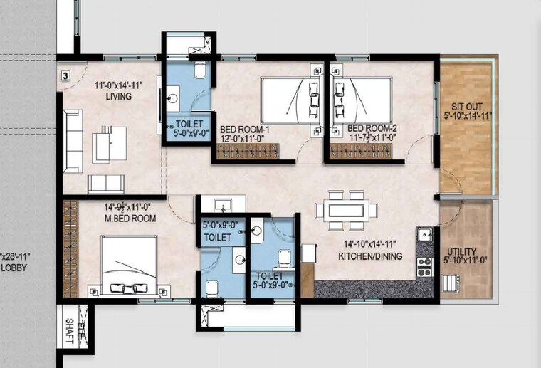 Floor Plan, bachupally 3 Bedroom 1768 Sq.Ft. Apartment In Bachupally Hyderabad 8413236