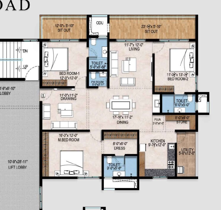 Floor Plan, bachupally 3 Bedroom 1768 Sq.Ft. Apartment In Bachupally Hyderabad 8413236