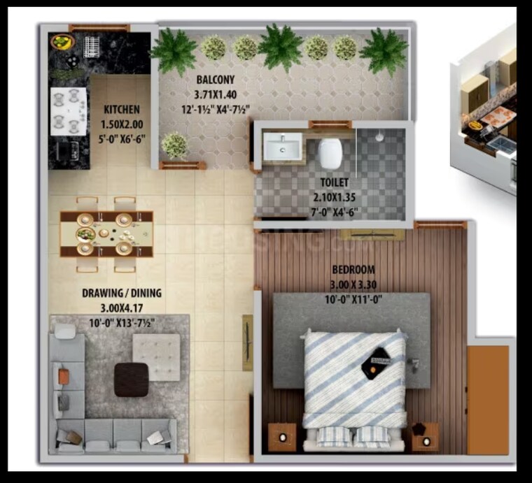 Floor Plan, auric-the-century-park 1 Bedroom 564 Sq.Ft. Apartment In Ajmer Road Jaipur 8414131