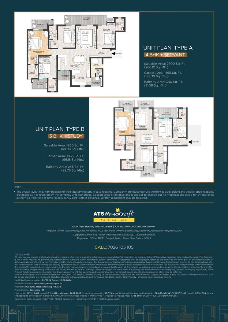 Master Bedroom, ats-homekraft-sanctuary 4 Bedroom 2800 Sq.Ft. Apartment In Sector 105 Gurgaon 8435143