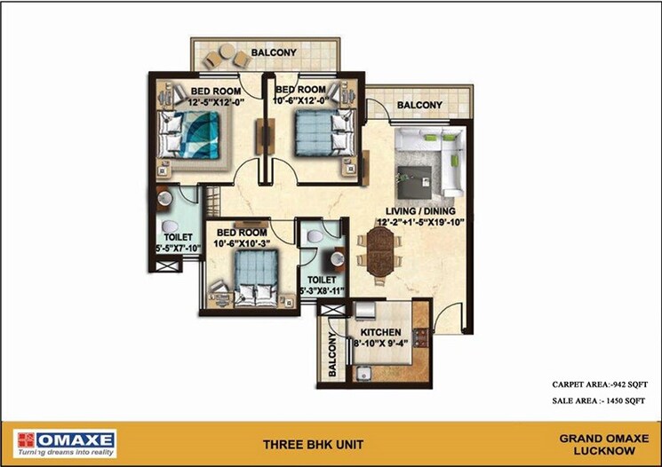 Floor Plan, omaxe-grand-omaxe 3 Bedroom 1450 Sq.Ft. Apartment In Gomti Nagar Lucknow 8437366