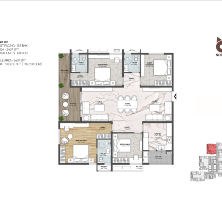 Floor Plan, kokapet 3 Bedroom 2437 Sq.Ft. Apartment In Kokapet Hyderabad 8438119