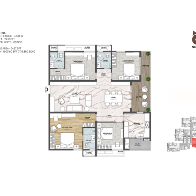 Floor Plan, kokapet 3 Bedroom 2437 Sq.Ft. Apartment In Kokapet Hyderabad 8438119