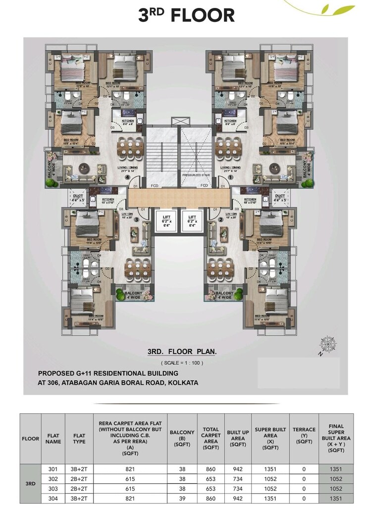 Floor Plan, garia 3 Bedroom 1351 Sq.Ft. Builder Floor In Garia Kolkata 8446396