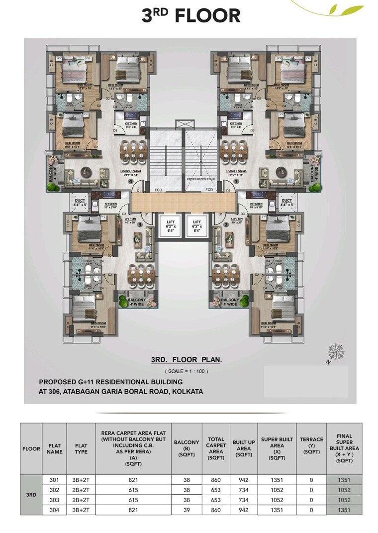 Floor Plan, garia 3 Bedroom 1351 Sq.Ft. Builder Floor In Garia Kolkata 8446396