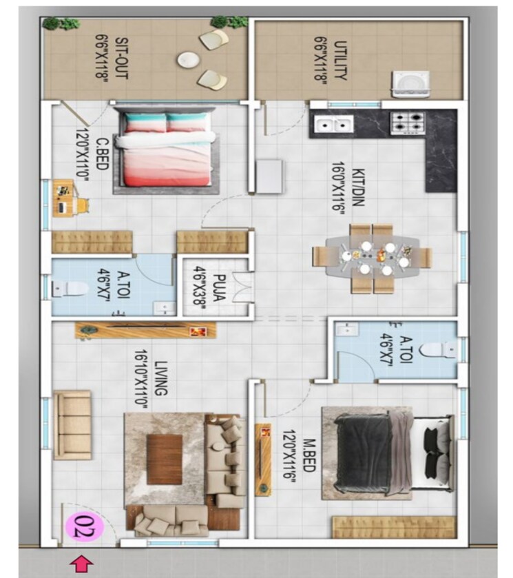 Floor Plan, bachupally 2 Bedroom 1279 Sq.Ft. Apartment In Bachupally Hyderabad 8447592