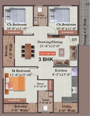 Floor Plan in 3 BHK Apartment at Sompura – for Sale
