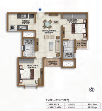 Floor Plan in 2 BHK Apartment at Prestige Finsbury Park Hyde, Bagaluru  – for Rent