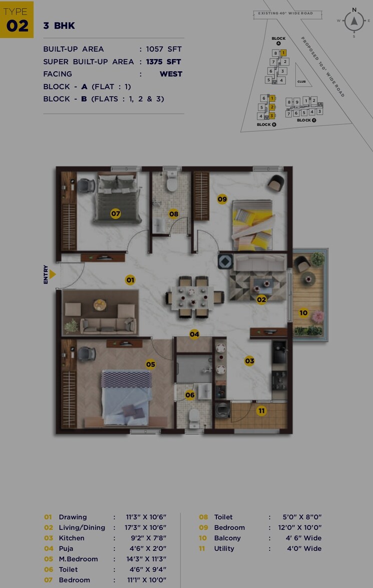 Floor Plan, elegant-nivasa 3 Bedroom 1375 Sq.Ft. Apartment In Kollur Hyderabad 8506598