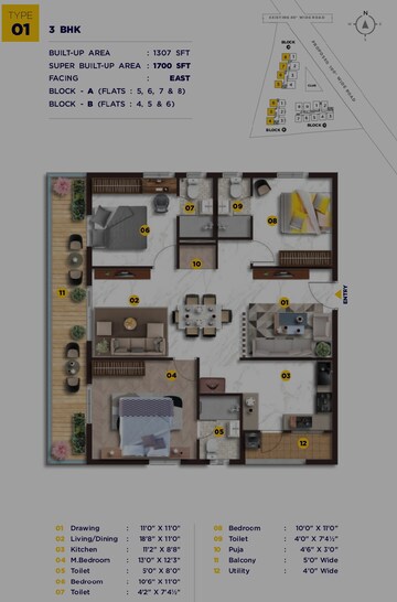 Floor Plan in 3 BHK Apartment at Elegant Nivasa, Kollur – for Sale