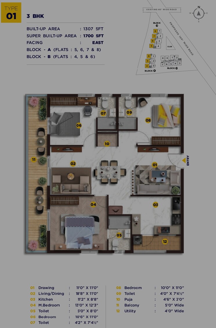 Floor Plan, elegant-nivasa 3 Bedroom 1700 Sq.Ft. Apartment In Kollur Hyderabad 8506846