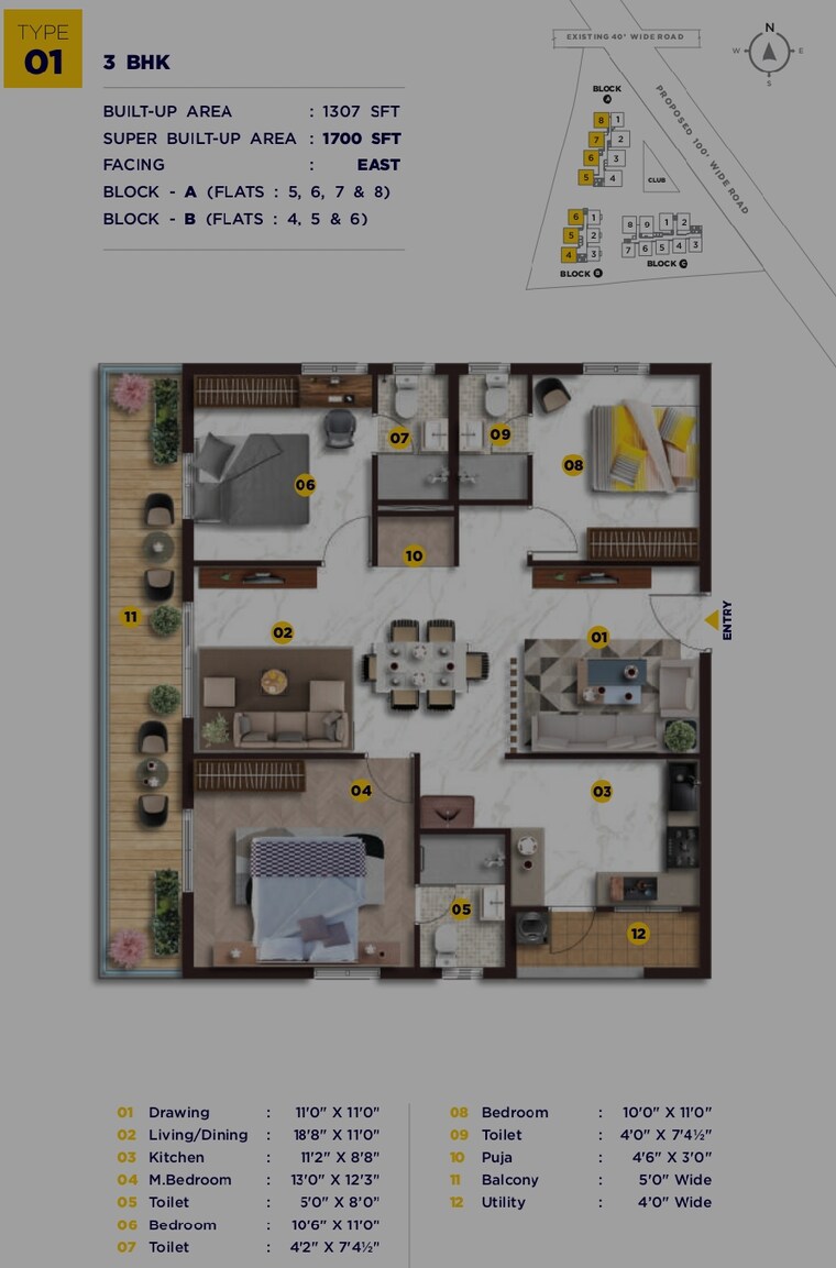 Floor Plan, elegant-nivasa 3 Bedroom 1700 Sq.Ft. Apartment In Kollur Hyderabad 8506846