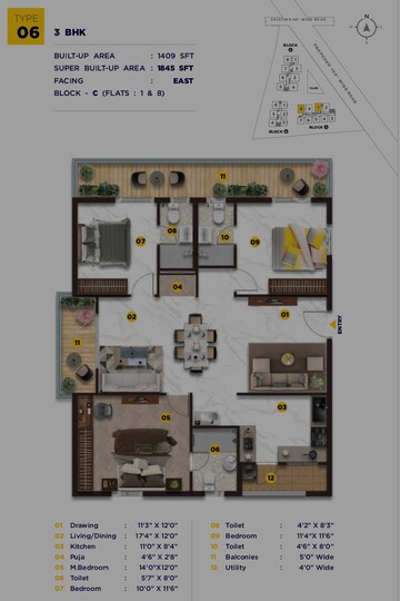 Floor Plan in 3 BHK Apartment at Elegant Nivasa, Kollur – for Sale