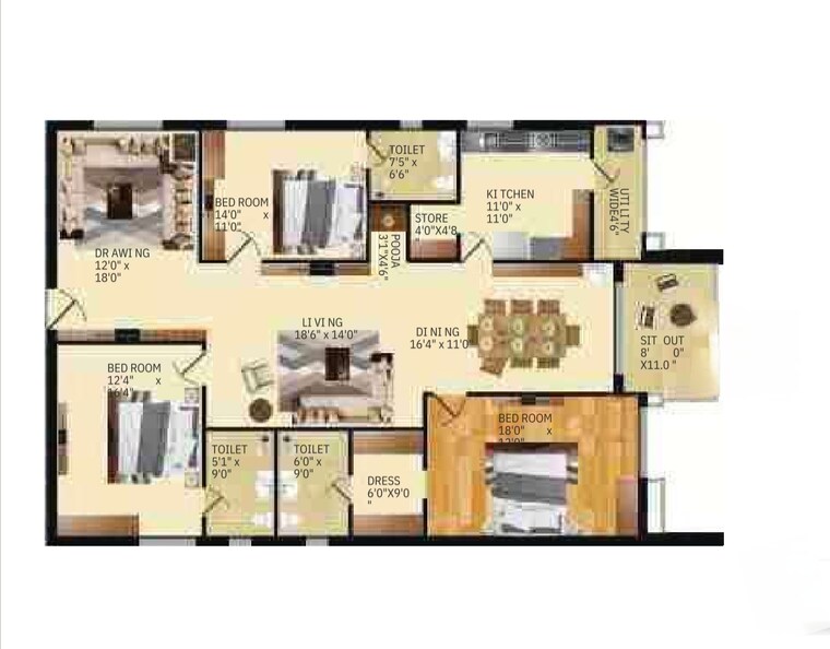 Floor Plan, vamsiram-west-wood 3 Bedroom 2575 Sq.Ft. Apartment In Tolichowki Hyderabad 8518404