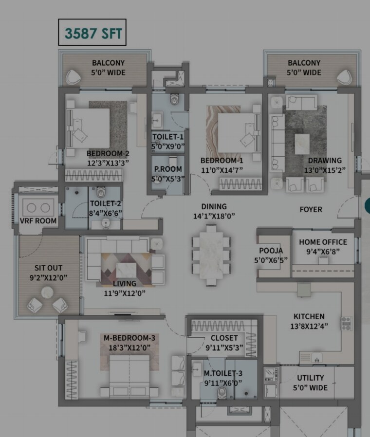 Floor Plan, kokapet 3 Bedroom 3587 Sq.Ft. Apartment In Kokapet Hyderabad 8540976