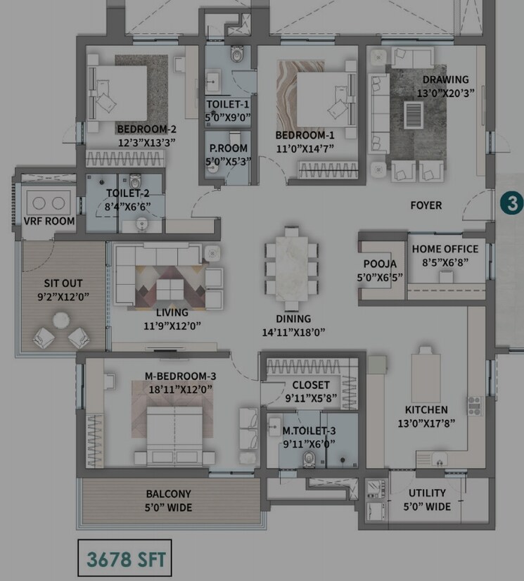 Floor Plan, kokapet 3 Bedroom 3678 Sq.Ft. Apartment In Kokapet Hyderabad 8541065