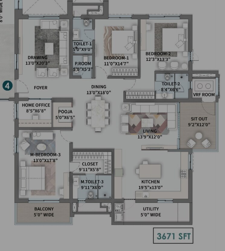 Floor Plan, kokapet 3 Bedroom 3678 Sq.Ft. Apartment In Kokapet Hyderabad 8541175