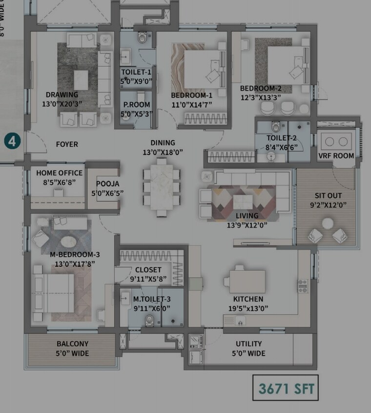 Floor Plan, kokapet 3 Bedroom 3678 Sq.Ft. Apartment In Kokapet Hyderabad 8541175