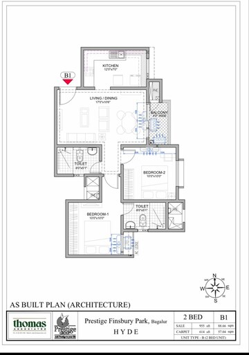 Floor Plan in 2 BHK Apartment at Prestige Finsbury Park Hyde, Bagaluru  – for Rent