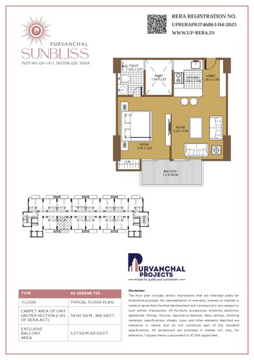 Floor Plan in 3 BHK Apartment at Purvanchal Sunbliss, Sector 22d Yamuna Expressway – for Sale