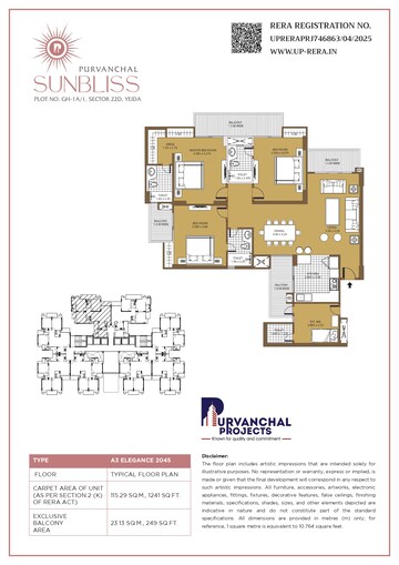 Floor Plan in 4 BHK Apartment at Purvanchal Sunbliss, Sector 22d Yamuna Expressway – for Sale