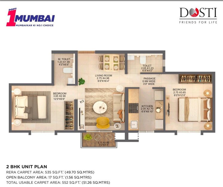 Floor Plan, dosti-greater-thane 2 Bedroom 552 Sq.Ft. Apartment In Kalher Thane 8572163