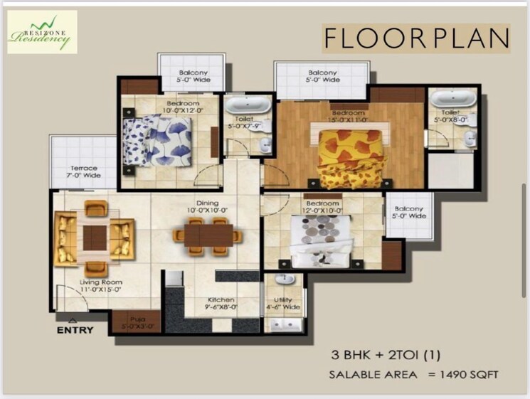 Floor Plan, resizone-residency 3 Bedroom 1390 Sq.Ft. Apartment In Sewla Kalan Dehradun 8584491
