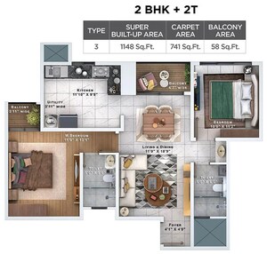 Floor Plan in 2 BHK Apartment at Sattva Lumina, Yelahanka – for Sale