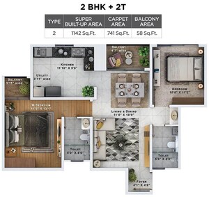 Floor Plan in 2 BHK Apartment at Sattva Lumina, Yelahanka – for Sale