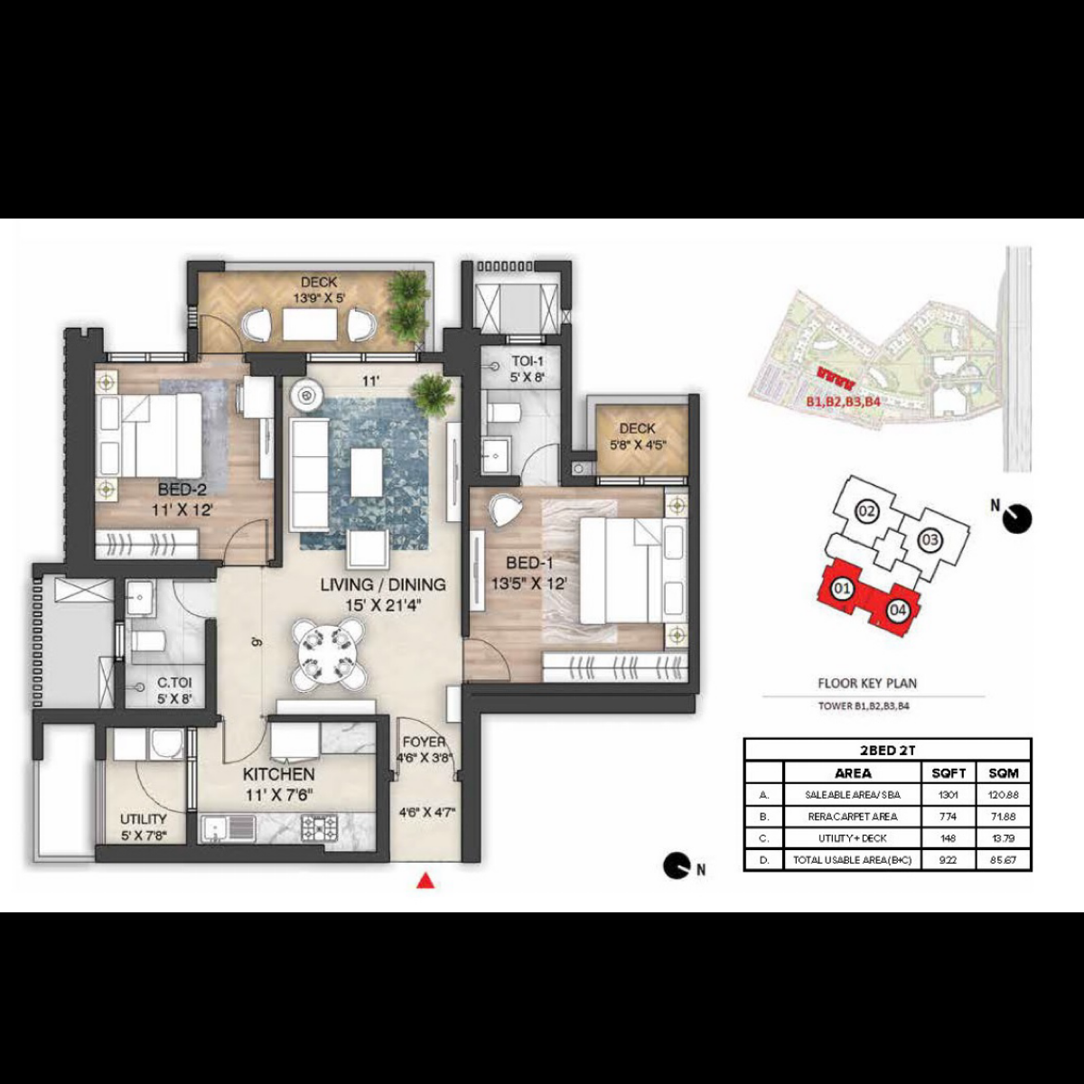 2 BHK + Pooja Room 1301 Sq.Ft. Apartment in The Prestige City