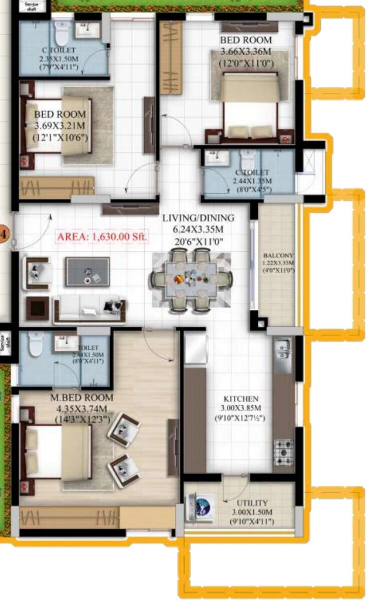 Floor Plan, vaishnavi-houdini 3 Bedroom 1630 Sq.Ft. Apartment In Bandlaguda Jagir Hyderabad 8590882