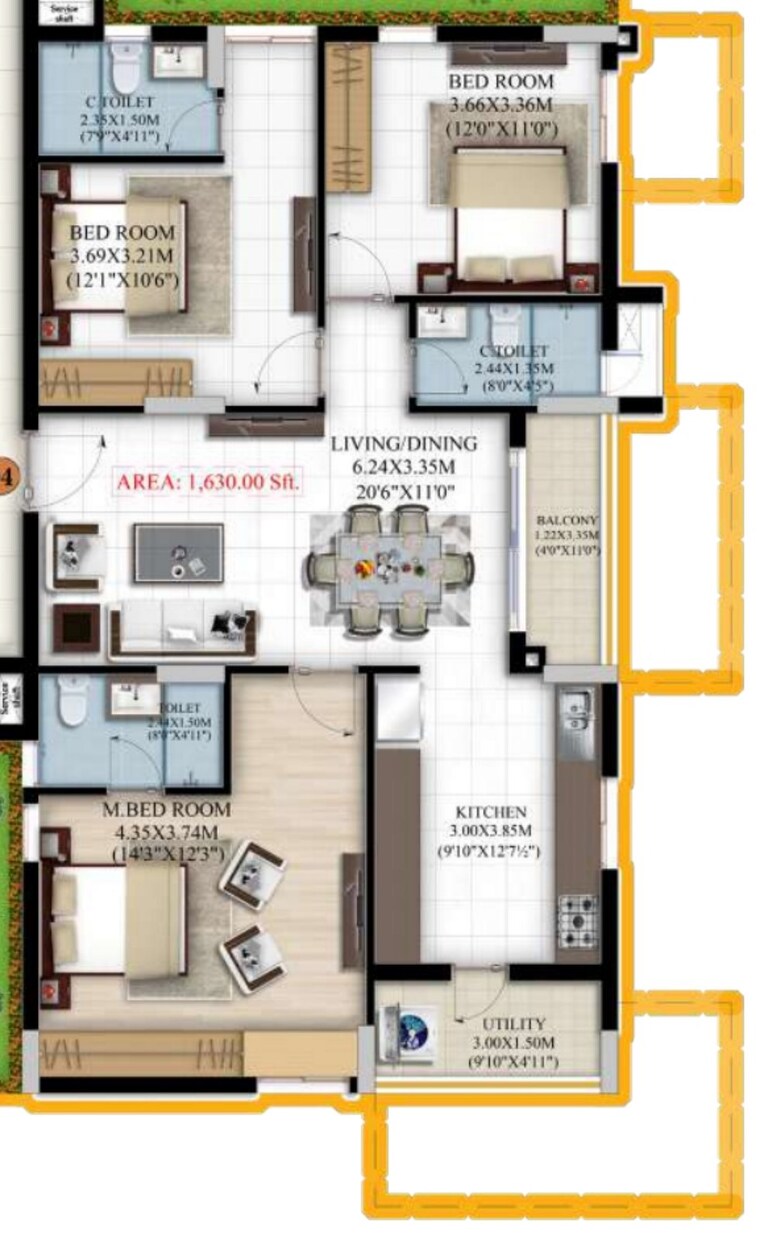 Floor Plan, vaishnavi-houdini 3 Bedroom 1630 Sq.Ft. Apartment In Bandlaguda Jagir Hyderabad 8590882