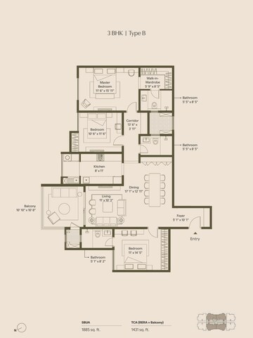 Floor Plan in 3 BHK Apartment at Assetz 18 and Oak, Sarjapur – for Sale