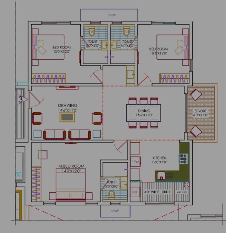 Floor Plan, narsingi 3 Bedroom 1750 Sq.Ft. Apartment In Narsingi Hyderabad 8608053
