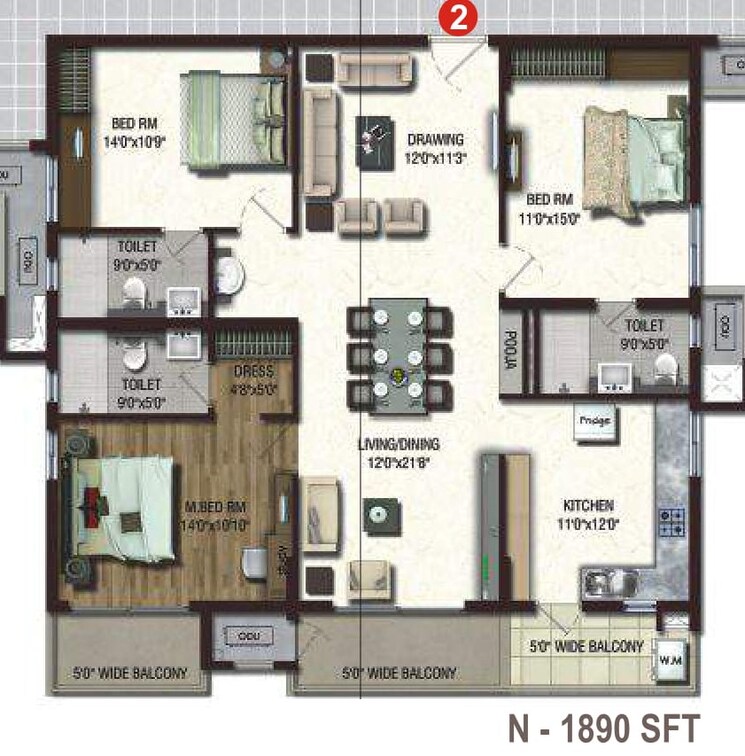 Floor Plan, lansum-etania 3 Bedroom 1890 Sq.Ft. Apartment In Gachibowli Hyderabad 8622950