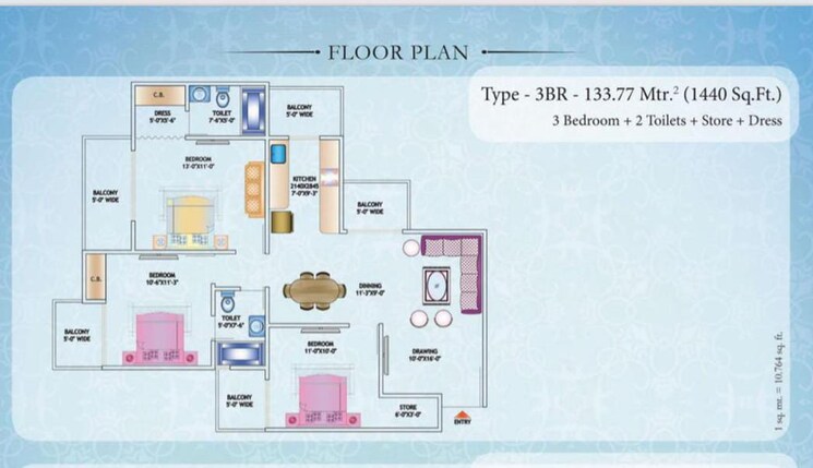 Floor Plan, nirala-estate 3 Bedroom 1440 Sq.Ft. Apartment In Tech Zone 4 Greater Noida Greater Noida 8624352