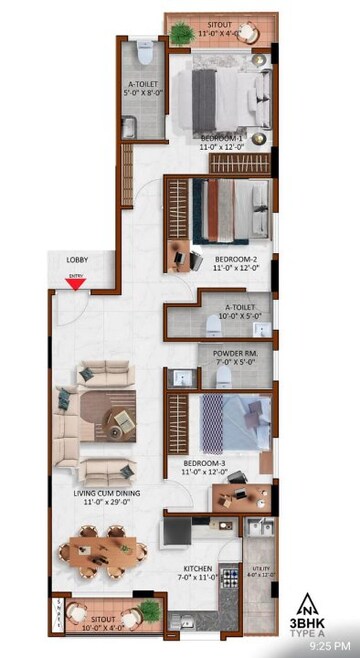 Floor Plan in 2 BHK Apartment at Raja Rajeshwari Nagar – for Sale