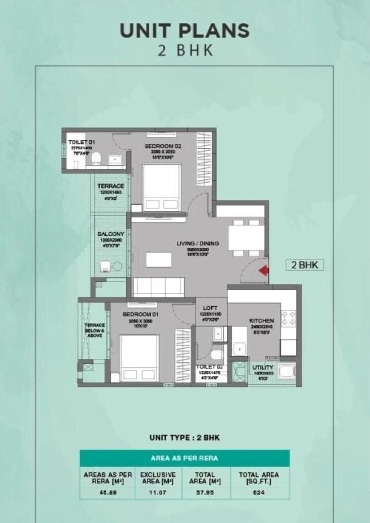 Floor Plan, godrej-park-ridge 2 Bedroom 625 Sq.Ft. Apartment In Manjari Pune 8633410