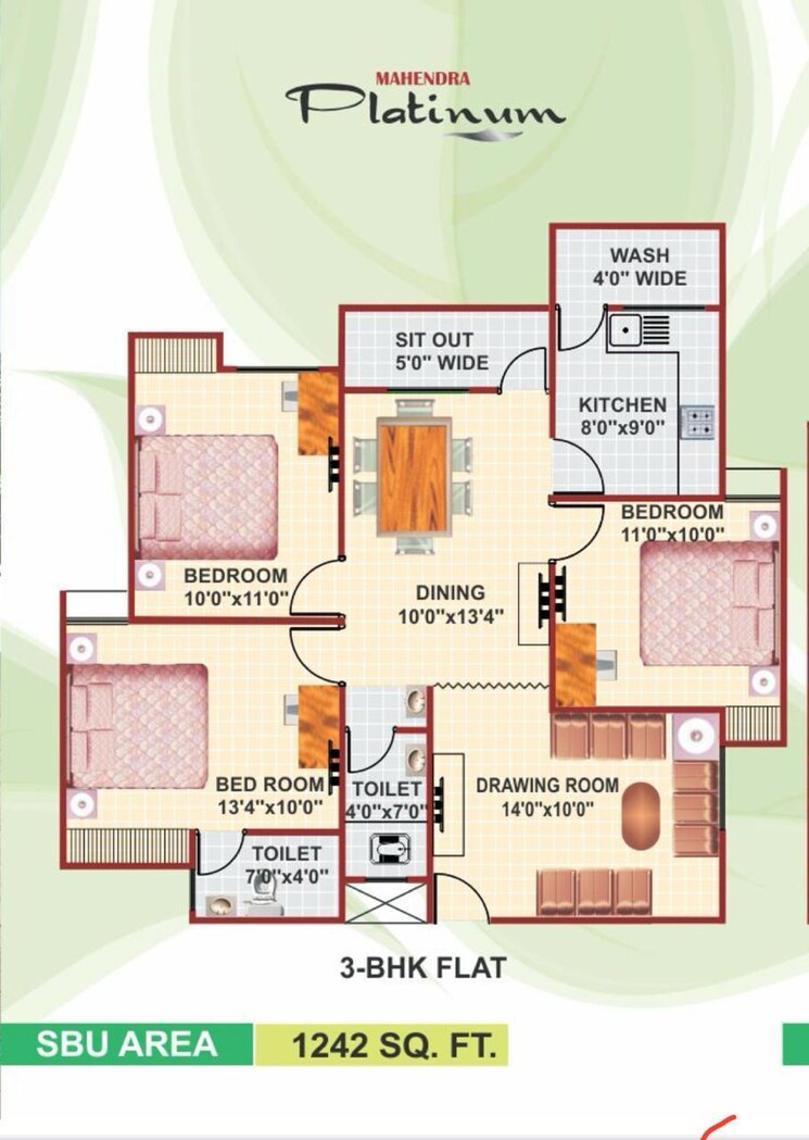 Floor Plan, jatkhedi 3 Bedroom 1240 Sq.Ft. Apartment In Jatkhedi Bhopal 8643122