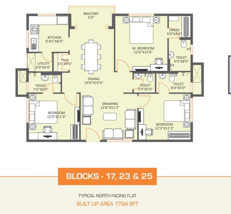 Floor Plan, kondapur 3 Bedroom 1794 Sq.Ft. Apartment In Kondapur Hyderabad 8654473