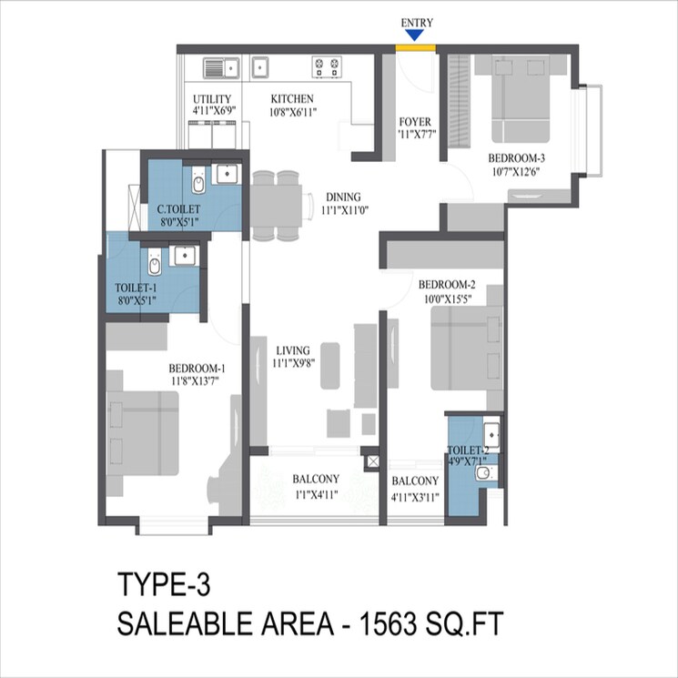 Floor Plan, bren-aspera 3 Bedroom 1563 Sq.Ft. Apartment In Bidare Agraha Bangalore 8658919