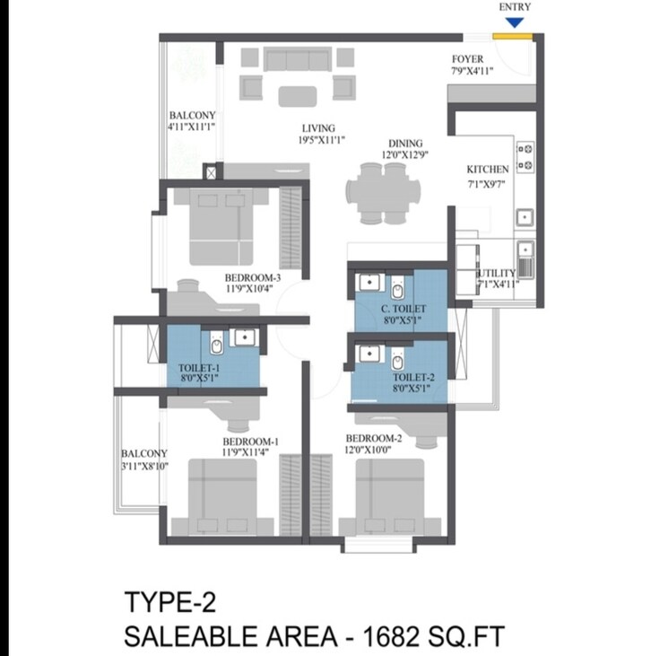 Floor Plan, bren-aspera 3 Bedroom 1682 Sq.Ft. Apartment In Bidare Agraha Bangalore 8659135
