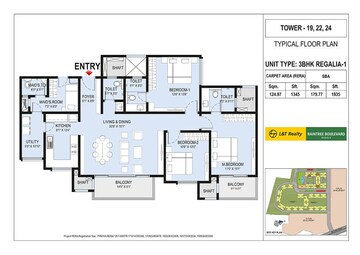 Floor Plan in 3 BHK Apartment at L&T Raintree Boulevard, Hebbal – for Rent