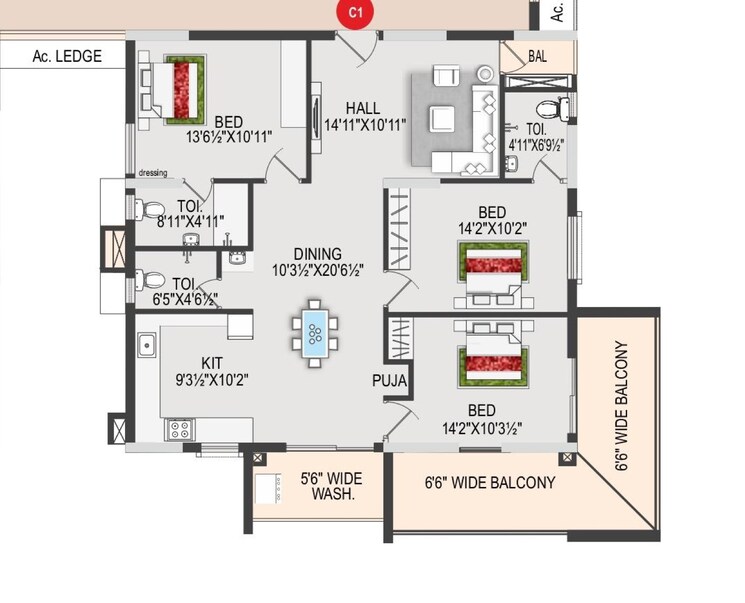 Floor Plan, vijay-rv-sai-vanamali 3 Bedroom 1938 Sq.Ft. Apartment In Miyapur Hyderabad 8672656