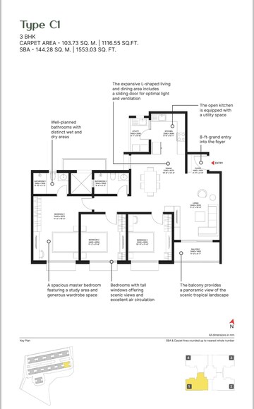 Floor Plan in 3 BHK Apartment at Sobha Ayana, Panathur – for Sale