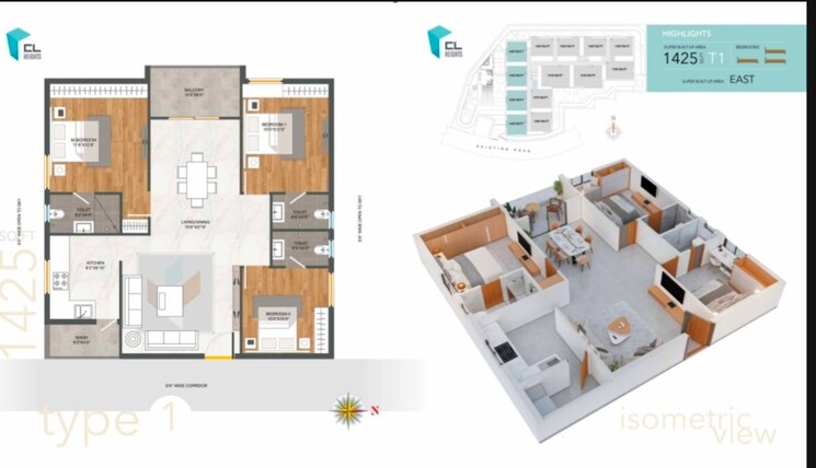 Floor Plan, arjun-cl-heights 3 Bedroom 1425 Sq.Ft. Apartment In Kismatpur Hyderabad 8686671