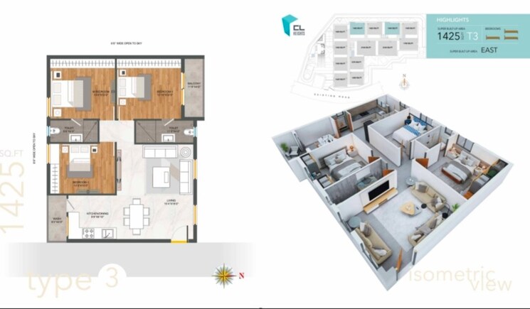 Floor Plan, arjun-cl-heights 3 Bedroom 1425 Sq.Ft. Apartment In Kismatpur Hyderabad 8686671