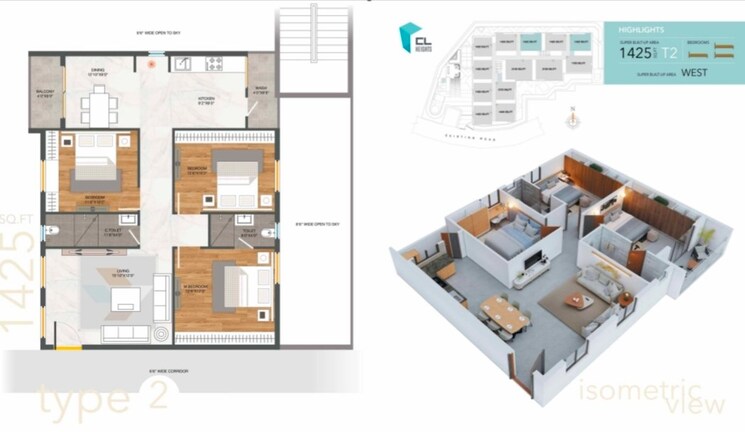 Floor Plan, arjun-cl-heights 3 Bedroom 1425 Sq.Ft. Apartment In Kismatpur Hyderabad 8686671