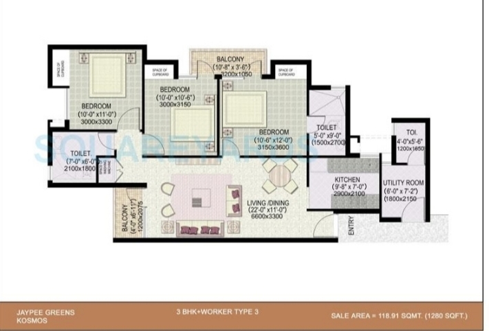 3 BHK + Pooja Room 1280 Sq.Ft. Apartment in Jaypee Greens Kosmos