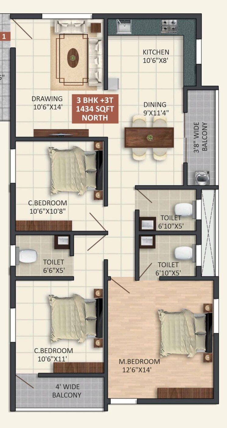 Floor Plan, dodda banasvadi 3 Bedroom 1434 Sq.Ft. Builder Floor In Dodda Banasvadi Bangalore 8695250